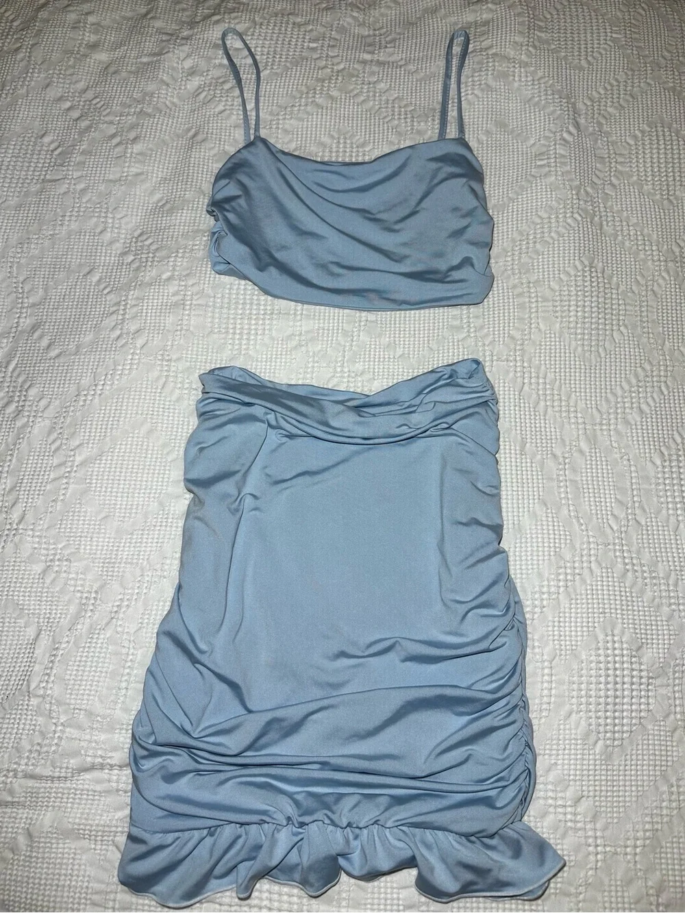 Amazon Light Blue Ruched Midi Skirt & Crop Top Set
